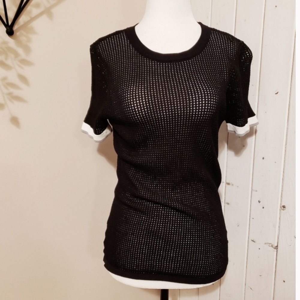 Kenar Black Open Knit White Trim Sweater T-Shirt